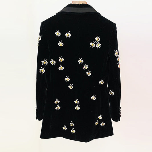 Stylish Fitted Bee Embellished Velvet Blazer