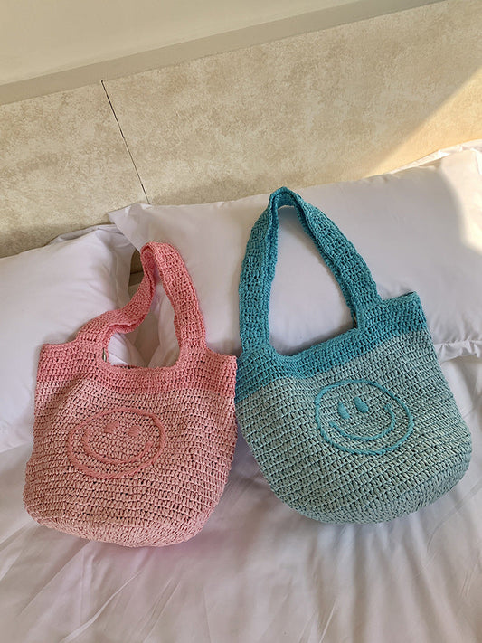 Smiley Face Knitted Mini Tote Bag Handmade Bohemian Style