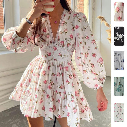 Floral Lace Short Dress With V-Neckline and Lantern Sleeves
