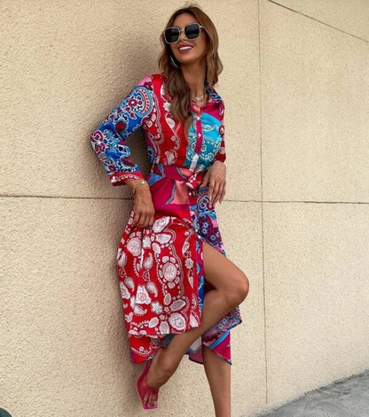 Women'S Lace-Up Print Polo Neck Midi Dress