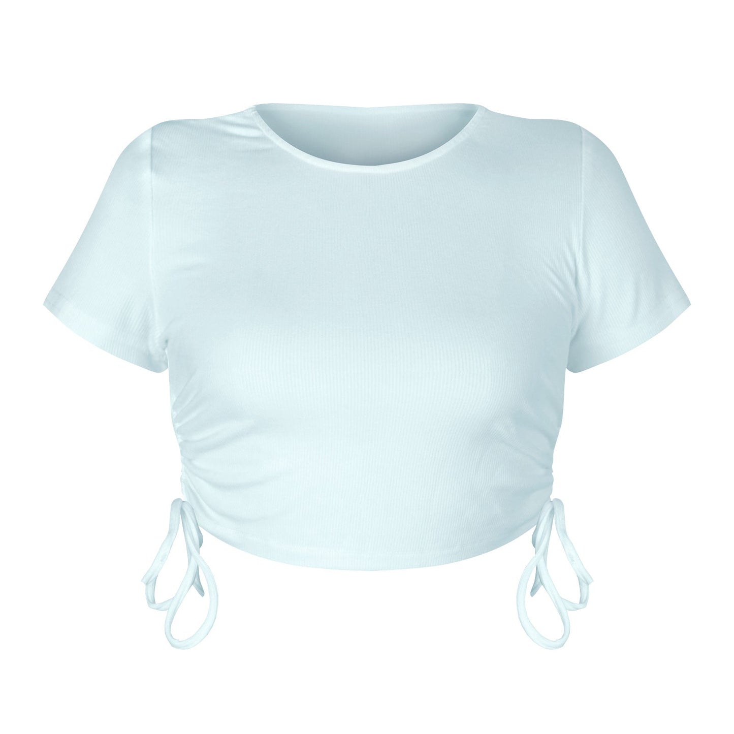 Cropped Drawstring Casual T-Shirt with Ribbed Fabric