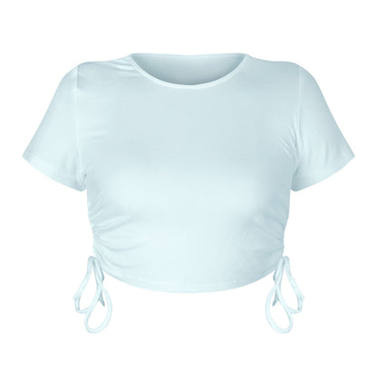 Cropped Drawstring Casual T-Shirt with Ribbed Fabric
