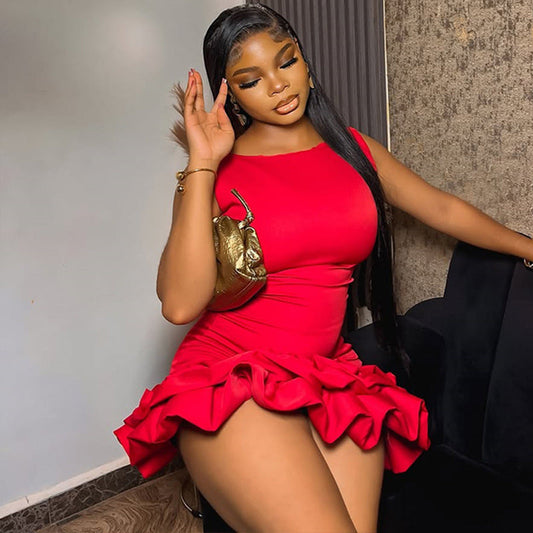 Trendy Solid Color Pleated Mini Dress With Sleeveless Round Neck