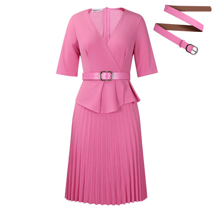 Elegant A-Line V-Neck Dress With Belt