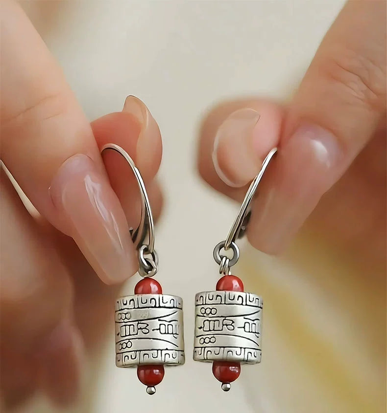 Talisman Bucket Beads 925 Silver Earrings New Tibetan Retro Old Elegant Ethnic Style Festive And Safe Versatile Earrings