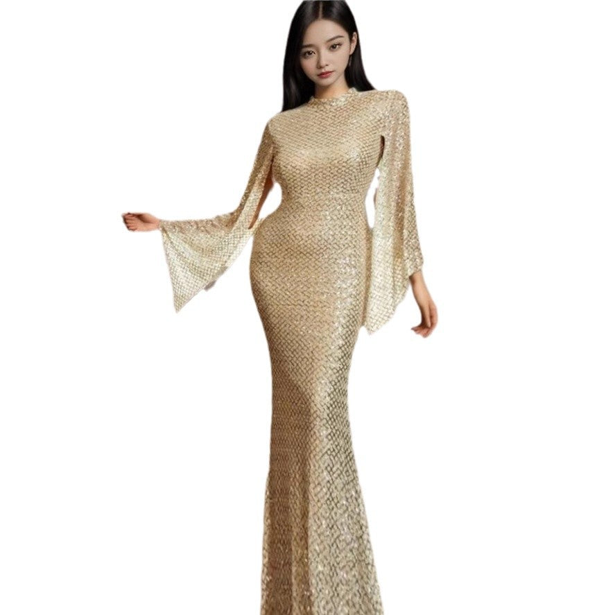 Golden Sequin Off-Shoulder Evening Dress