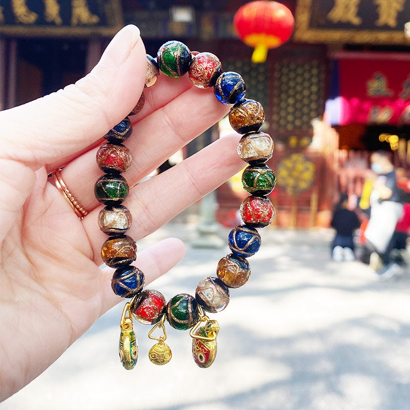 Multi-Treasure Fragrant Ash Glass Beads Bracelet Five-Color Orb Swallowing Gold Beast Couple Prayer Beads Bracelet.