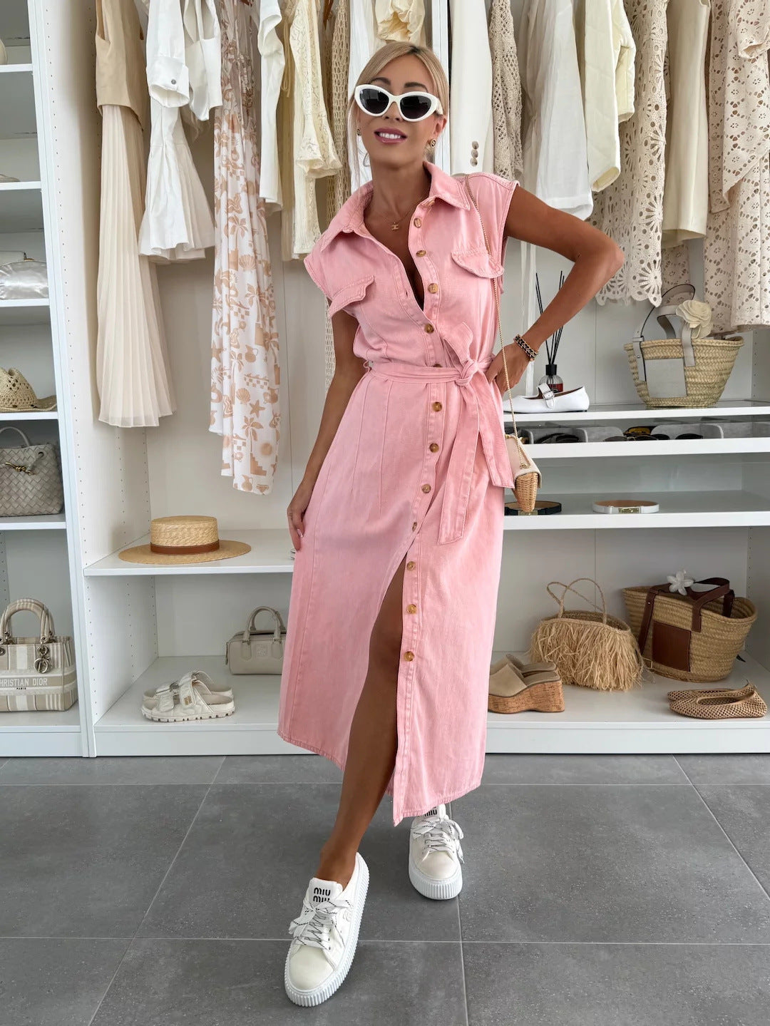 Casual Sleeveless Denim Dress With Belt