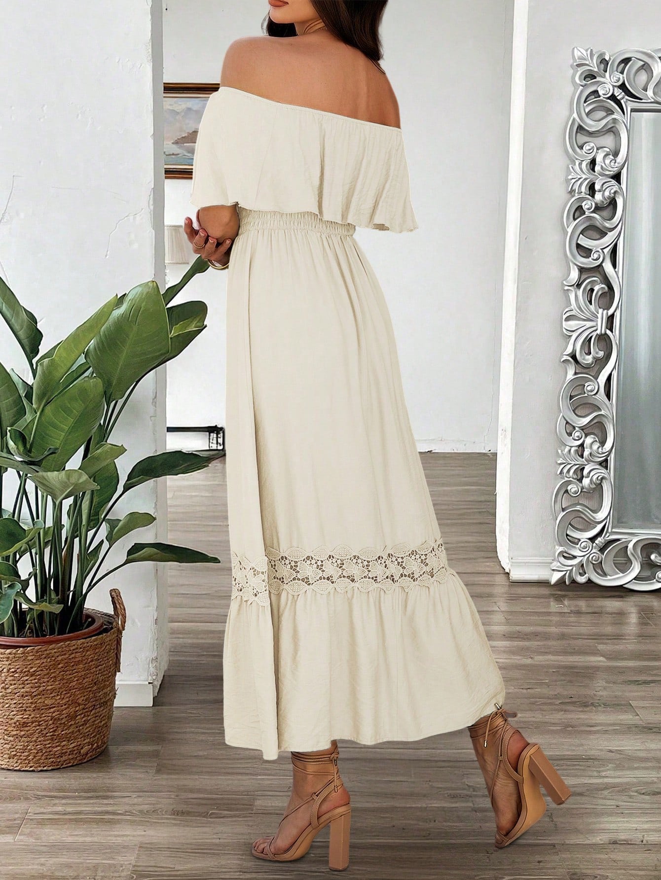 Off-Shoulder Waist-Defined Maxi Dress with Ruffle Sleeves