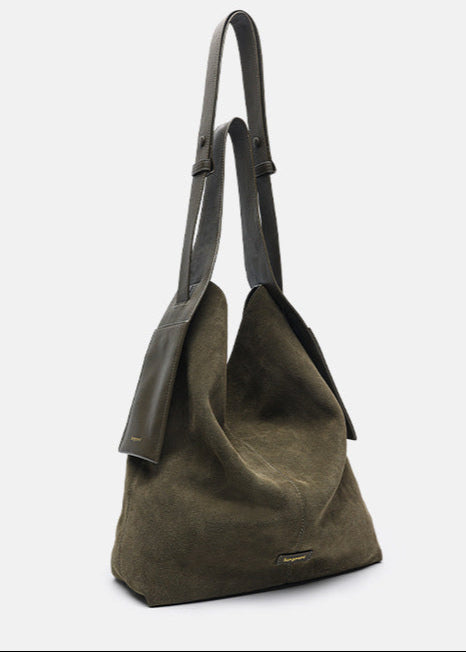 Suede Leather Bucket Tote Bag Brown Green