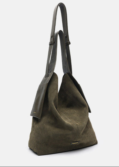 Suede Leather Bucket Tote Bag Brown Green