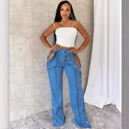 High-Waisted Denim Pants With Button Closure For Women