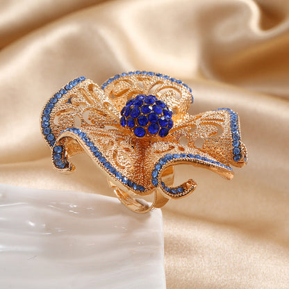 Fashion New Exaggerated Opening Three-Dimensional Noble Temperament Retro Hollow Diamond Flower Big Ring
