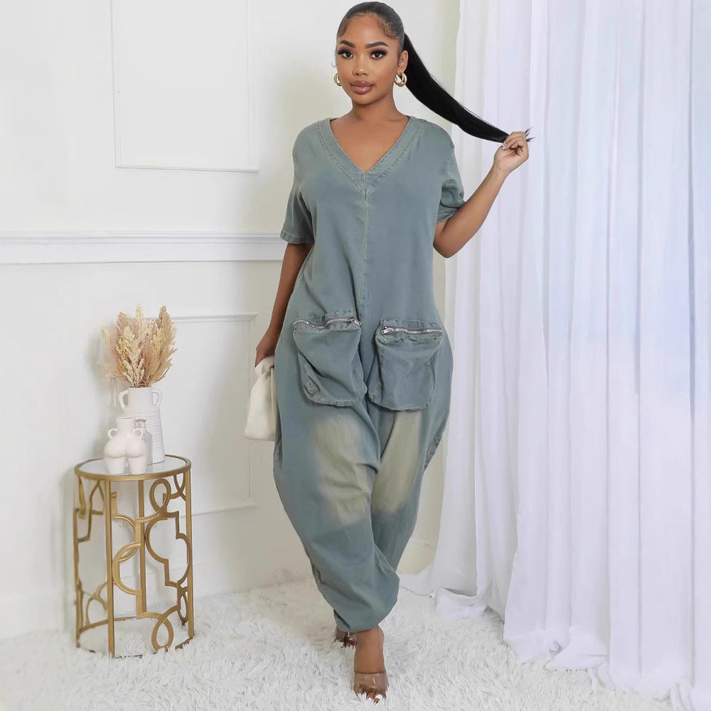 Trendy Women'S Loose Fit Denim Jumpsuit With Pockets