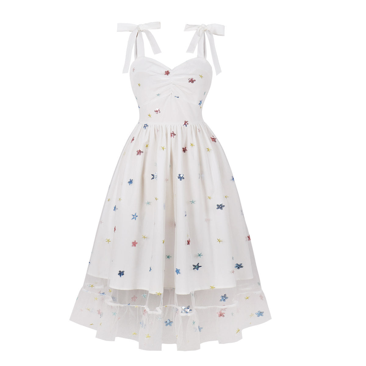 Elegant High-Waisted Tulle Dress with Embroidery