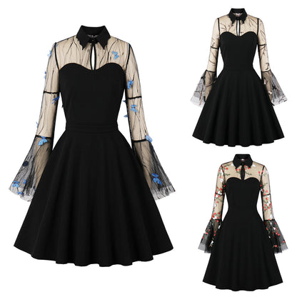 Vintage Elegant Flared Dress With Embroidery