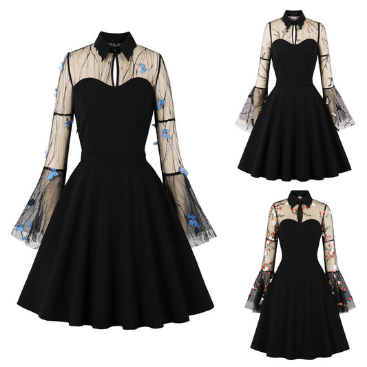 Vintage Elegant Flared Dress With Embroidery