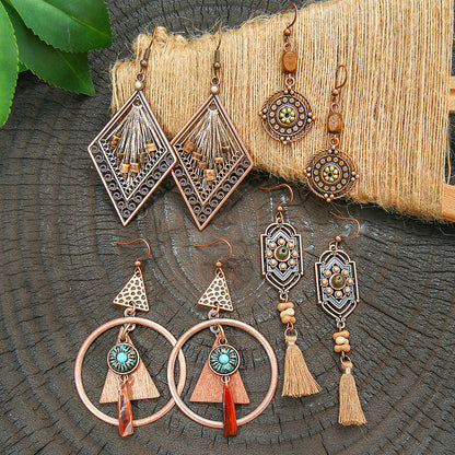 Bohemian Vintage Brown Earring Set Geometric Tassel Earrings