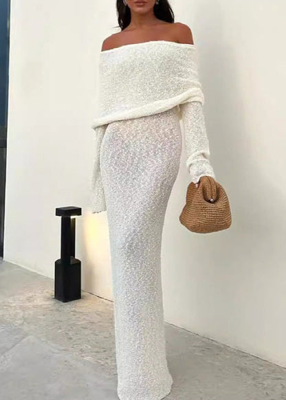 Off Shoulder Shimmer Knit Maxi Dress White