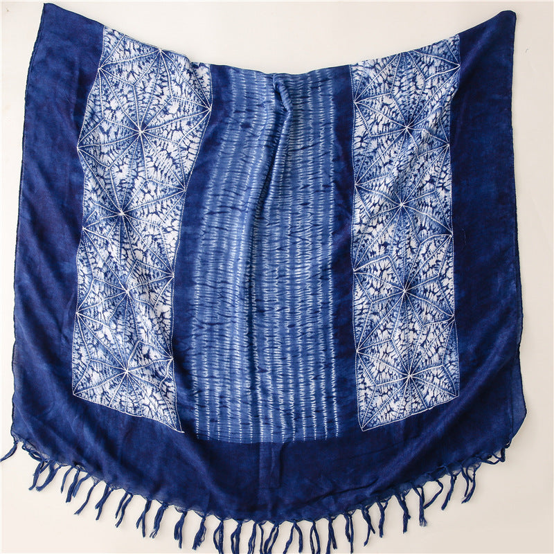 Dyed Blue And White Porcelain Series Cotton And Linen Scarf Travel Shawl Literary Accessories