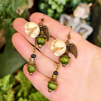 Bohemian Floral-Inspired Alloy Earrings with Unique Wood Bead Design
