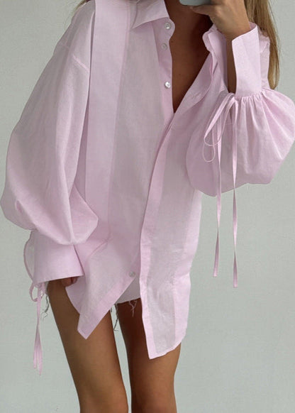 Oversized Cotton Blend Shirt with Ribbon Tie Sleeves