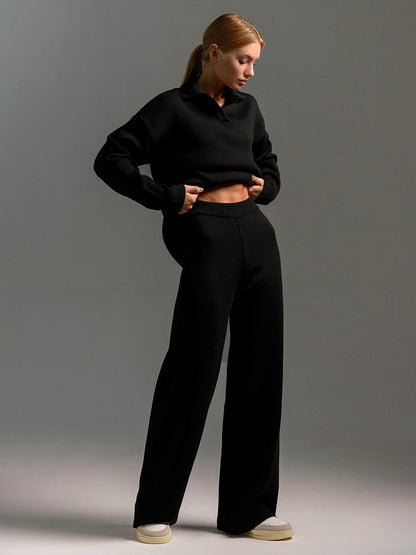 Knitted Sweater Set with Polo Neck and Wide Leg Pants for Casual Style