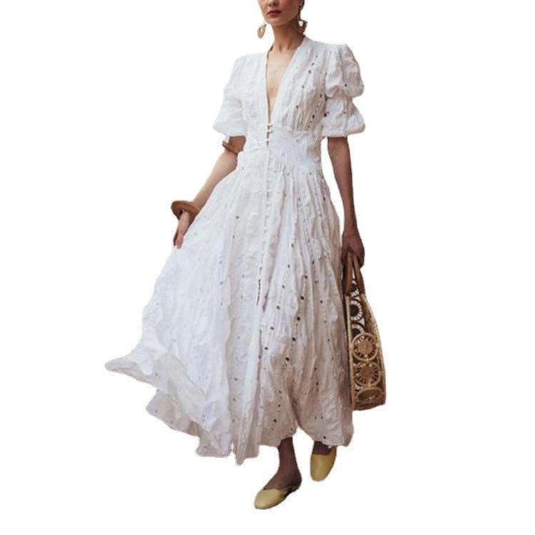 Summer New Women'S Wish Deep V Puff Sleeve Lace Dress