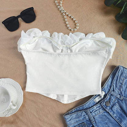 Sweet White Petal Trim Bustier Top For Stylish Occasions