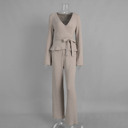 V-Neck Knit Long Pants Set Stylish Casual Outfit
