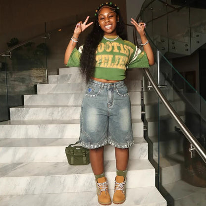 Casual High-Waisted Denim Shorts With 3D Pattern