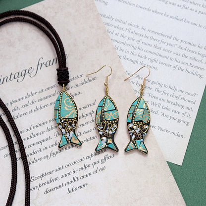 Minority Design Nepal Copper Fish Tibetan Handmade Necklace Men'S And Women'S Ethnic Style Retro Temperament Simple Earring Set