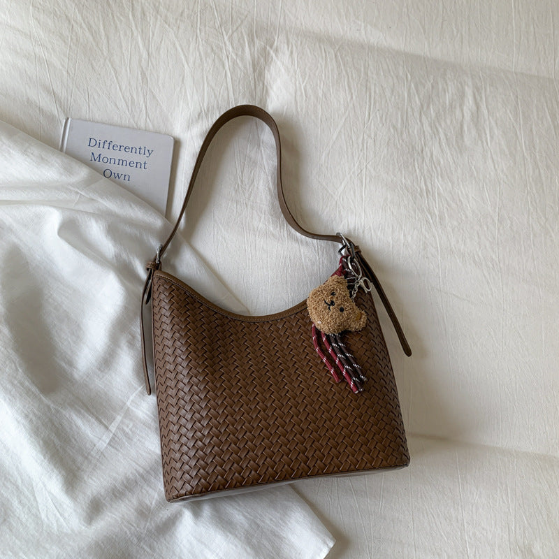 Trendy Woven Texture Bucket Tote Bag Large Capacity Casual Shoulder Bag