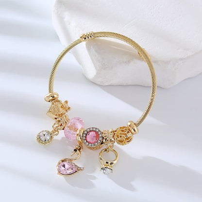 Adjustable Heart-Shaped Alloy Bracelet with Rhinestones