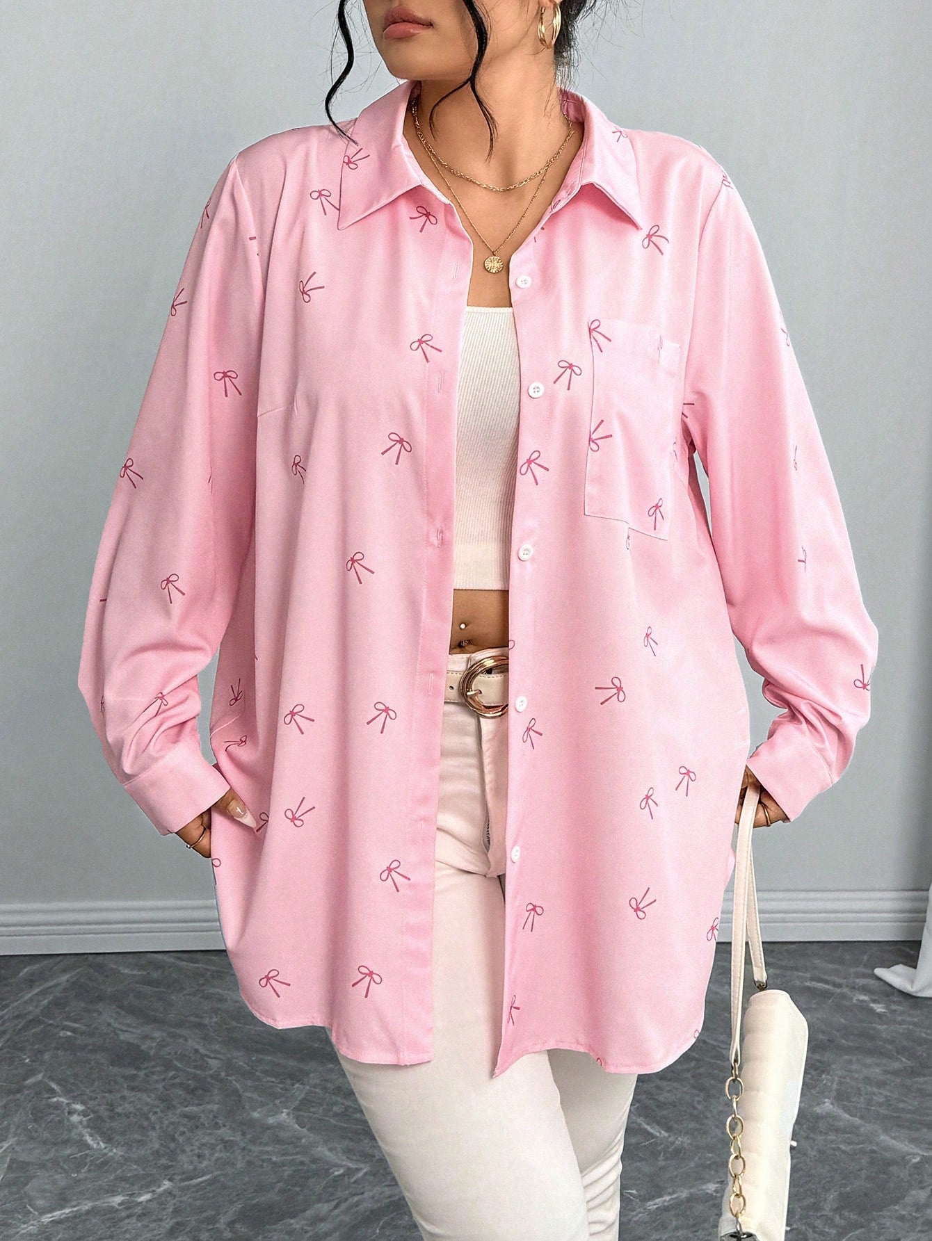 Plus Size Women's Shirt Jacket with Bow Print Long Sleeves Casual Blouse