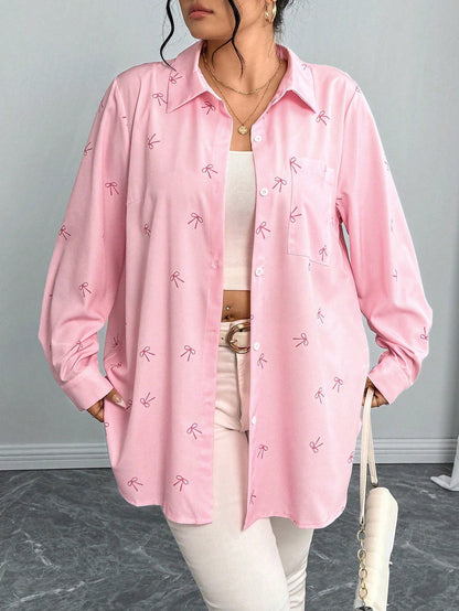 Plus Size Women'S Shirt Jacket With Bow Print Long Sleeves Casual Blouse