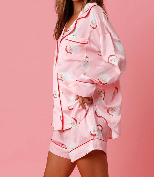 2 Pcs Soft Cartoon Print Satin Christmas Pajamas Set