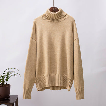 High Neck Knitted Sweater for Women Classic Solid Color Casual Pullover