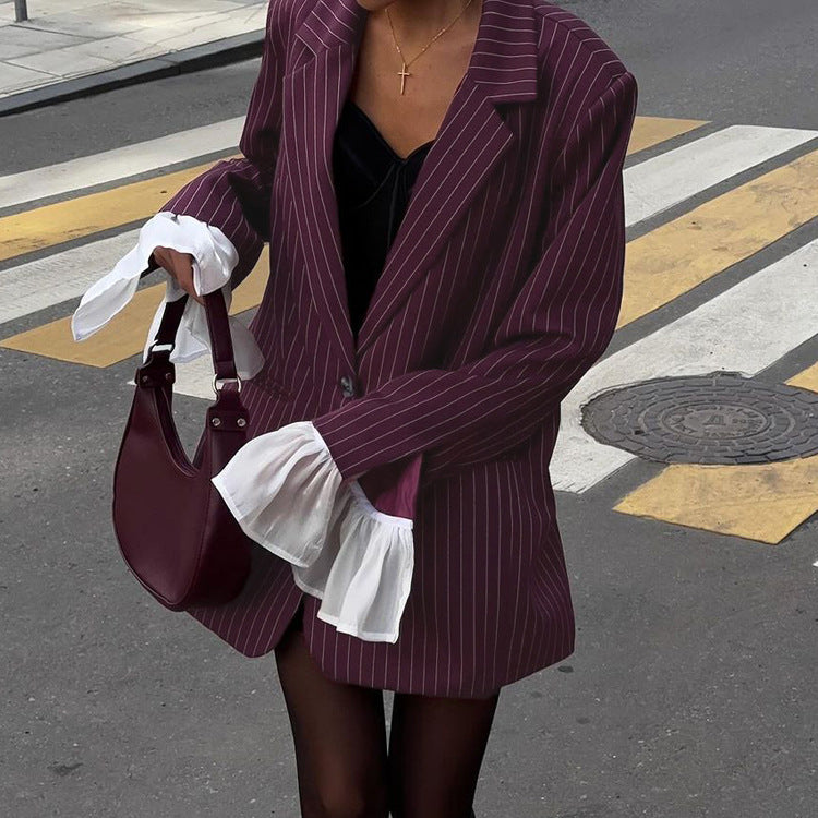 Burgundy Striped Blazer with Bell Sleeves for Women