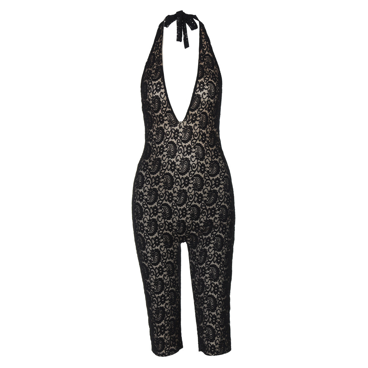 Sexy Lace Backless Jumpsuit with Halter Neck
