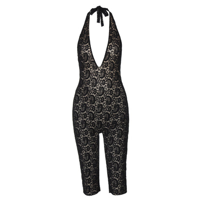 Sexy Lace Backless Jumpsuit with Halter Neck