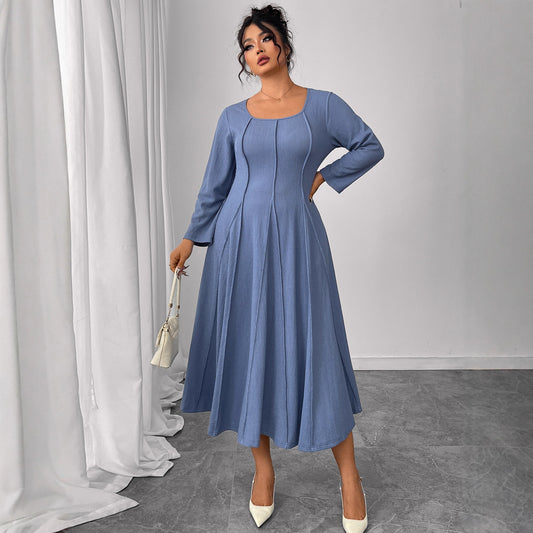 Plus Size long Sleeve Printed Maxi Dress with Square Neck