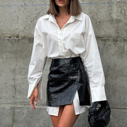 Trendy White Shirt Skirt Set With Belt