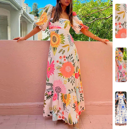Elegant Floral Print Puff Sleeve Dress