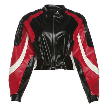 Trendy Color Block Pu Leather Motorcycle Jacket For Women