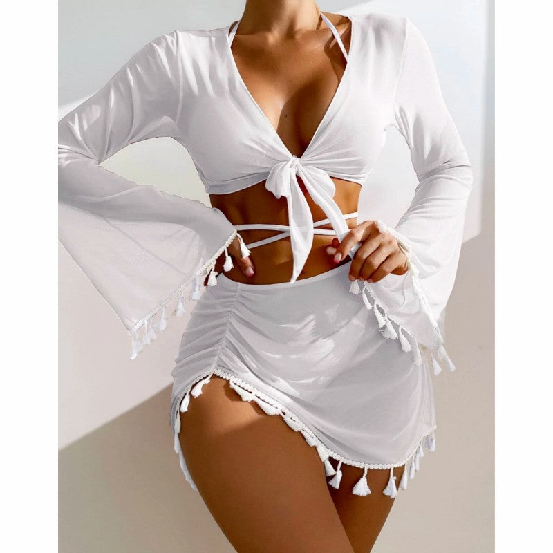 New Conservative Four Piece Set Solid Color Tassel Top, Mesh Short Skirt, Bikini For Women