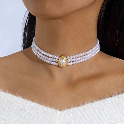 Fashionable Vintage Geometric Bead Necklace With Pearl Layered Design