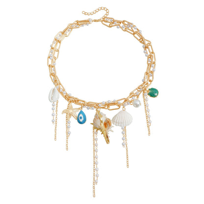Trendy Starfish Shell Pearl Tassel Choker Necklace