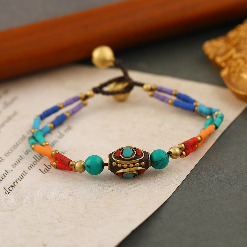 Bohemian Retro Nepalese Pearl Turquoise Frosted Stone Simple Multi-Color Beaded Hand Woven Bracelet