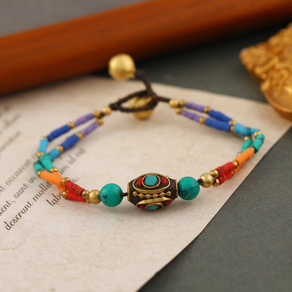 Bohemian Retro Nepalese Pearl Turquoise Frosted Stone Simple Multi-Color Beaded Hand Woven Bracelet